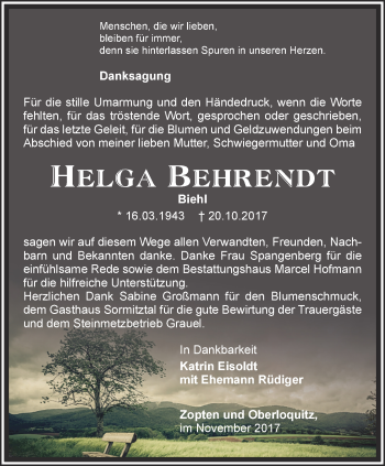 Traueranzeige von Helga Behrendt von Ostthüringer Zeitung