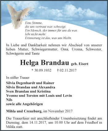 Traueranzeige von Helga Brandau von Thüringer Allgemeine, Thüringische Landeszeitung