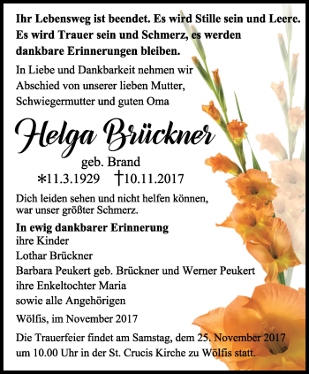 Traueranzeige von Helga Brückner von Ostthüringer Zeitung, Thüringische Landeszeitung