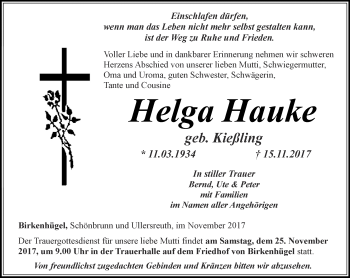 Traueranzeige von Helga Hauke von Ostthüringer Zeitung