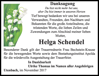 Traueranzeige von Helga Schendel von Thüringer Allgemeine, Thüringische Landeszeitung