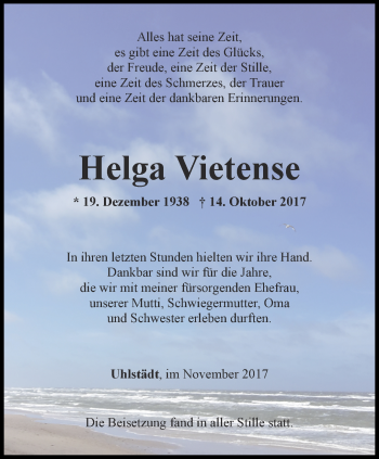 Traueranzeige von Helga Vietense von Ostthüringer Zeitung