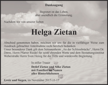 Traueranzeige von Helga Zietan