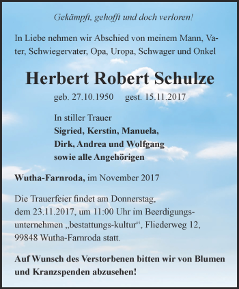 Traueranzeige von Herbert Robert Schulze von Thüringer Allgemeine, Thüringische Landeszeitung