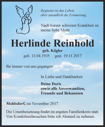 Traueranzeige von Herlinde Reinhold von Ostthüringer Zeitung