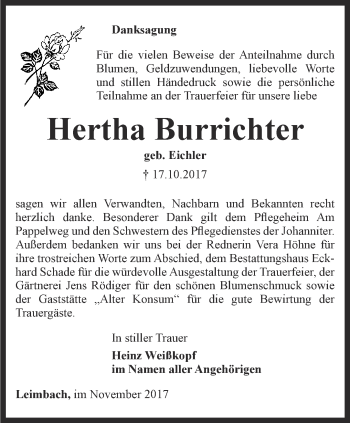 Traueranzeige von Hertha Burrichter von Thüringer Allgemeine