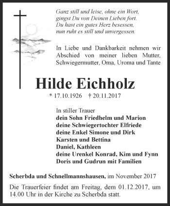 Traueranzeige von Hilde Eichholz von Thüringer Allgemeine, Thüringische Landeszeitung
