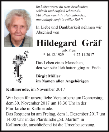 Traueranzeige von Hildegard Gräf von Thüringer Allgemeine