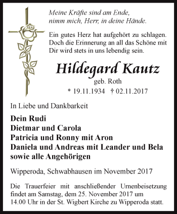 Traueranzeige von Hildegard Kautz von Ostthüringer Zeitung, Thüringische Landeszeitung