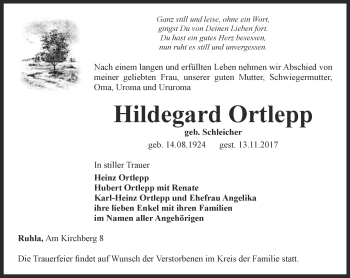 Traueranzeige von Hildegard Ortlepp von Thüringer Allgemeine, Thüringische Landeszeitung