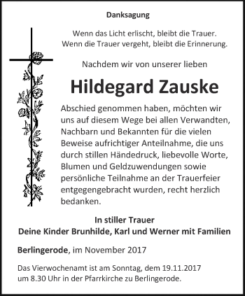 Traueranzeige von Hildegard Zauske von Thüringer Allgemeine