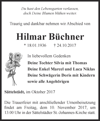 Traueranzeige von Hilmar Büchner von Thüringer Allgemeine, Thüringische Landeszeitung