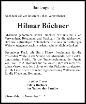 Traueranzeige von Hilmar Büchner von Thüringer Allgemeine, Thüringische Landeszeitung