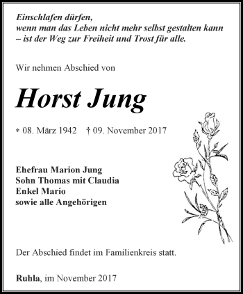 Traueranzeige von Horst Jung von Thüringer Allgemeine, Thüringische Landeszeitung