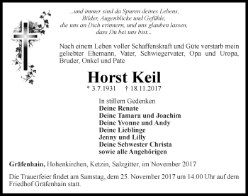 Traueranzeige von Horst Keil von Ostthüringer Zeitung, Thüringische Landeszeitung