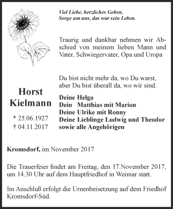 Traueranzeige von Horst Kielmann von Thüringer Allgemeine, Thüringische Landeszeitung