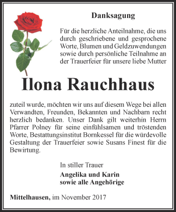 Traueranzeige von Ilona Rauchhaus  von Thüringer Allgemeine, Thüringische Landeszeitung