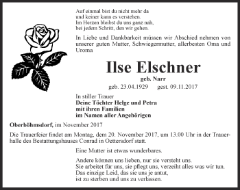 Traueranzeige von Ilse Eschner von Ostthüringer Zeitung