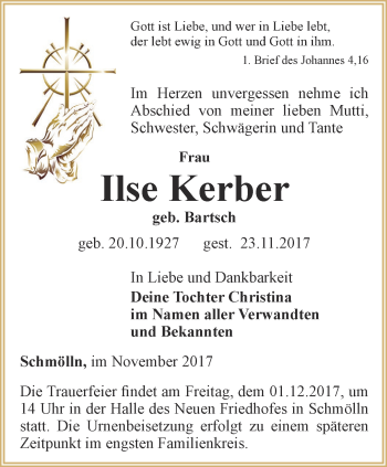 Traueranzeige von Ilse Kerber von Ostthüringer Zeitung