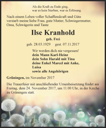 Traueranzeige von Ilse Kranhold von Thüringer Allgemeine