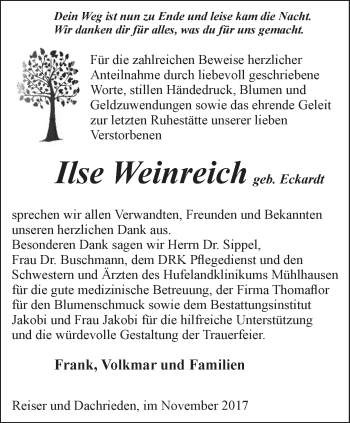 Traueranzeige von Ilse Weinreich von Thüringer Allgemeine, Thüringische Landeszeitung