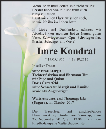 Traueranzeige von Imre Kondrat von Ostthüringer Zeitung, Thüringische Landeszeitung