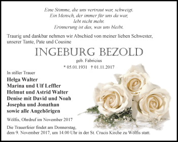 Traueranzeige von Ingeburg Bezold von Ostthüringer Zeitung, Thüringische Landeszeitung