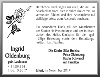 Traueranzeige von Ingrid Oldenburg von Thüringer Allgemeine, Thüringische Landeszeitung