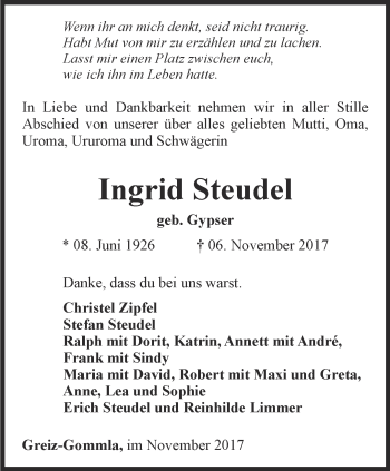 Traueranzeige von Ingrid Steudel von Ostthüringer Zeitung