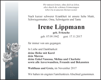 Traueranzeige von Irene Lippmann