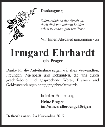 Traueranzeige von Irmgard Ehrhardt von Ostthüringer Zeitung