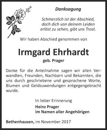 Traueranzeige von Irmgard Ehrhardt von Ostthüringer Zeitung