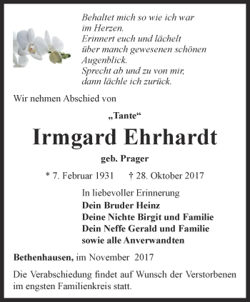 Traueranzeige von Irmgard Ehrhardt von Ostthüringer Zeitung