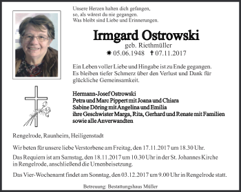 Traueranzeige von Irmgard Ostrowski von Thüringer Allgemeine