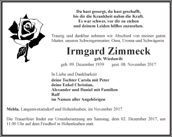 Traueranzeige von Irmgard Zimmeck von Ostthüringer Zeitung