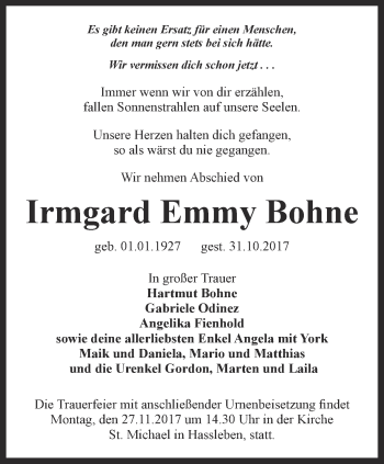 Traueranzeige von Irmgard Emmy Bohne von Thüringer Allgemeine, Thüringische Landeszeitung