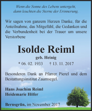 Traueranzeige von Isolde Reiml von Ostthüringer Zeitung