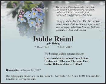 Traueranzeige von Isolde Reiml von Ostthüringer Zeitung