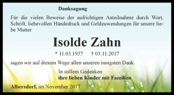 Traueranzeige von Isolde Zahn von Ostthüringer Zeitung