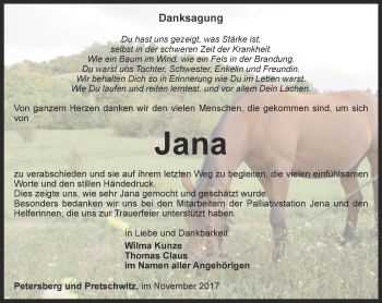 Traueranzeige von Jana Kunze von Ostthüringer Zeitung