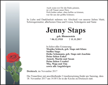 Traueranzeige von Jenny Staps