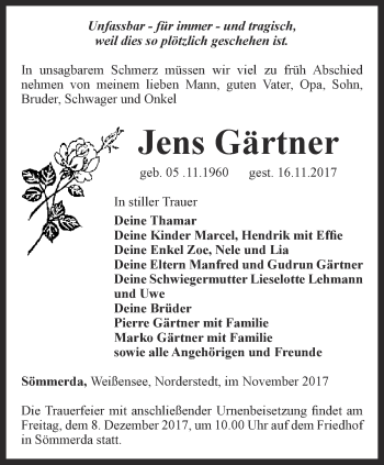 Traueranzeigen von Jens Gärtner trauerinthueringen.de