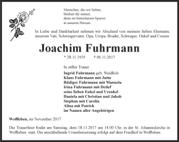 Traueranzeige von Joachim Fuhrmann von Thüringer Allgemeine