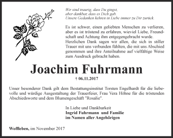 Traueranzeige von Joachim Fuhrmann von Thüringer Allgemeine