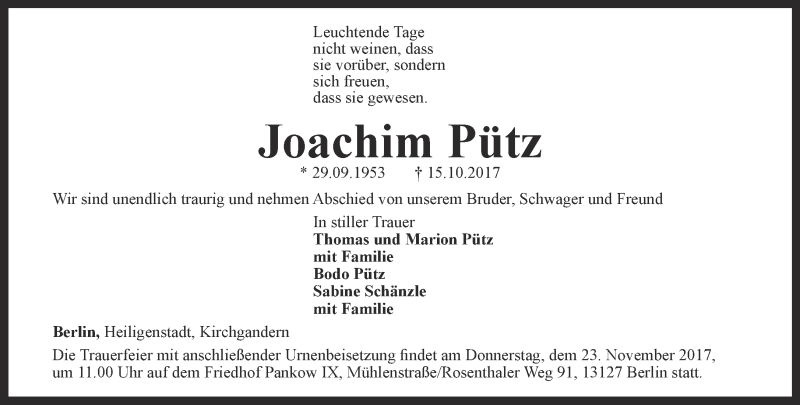  Traueranzeige für Joachim Pütz vom 18.11.2017 aus Thüringer Allgemeine