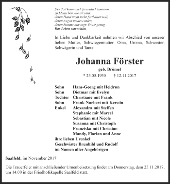 Traueranzeige von Johanna Förster von Ostthüringer Zeitung