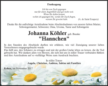 Traueranzeige von Johanna Köhler von Ostthüringer Zeitung