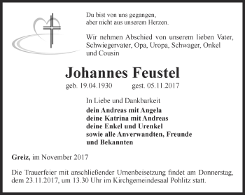 Traueranzeige von Johannes Feustel