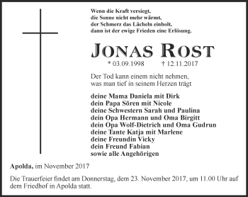 Traueranzeige von Jonas Rost von Thüringer Allgemeine, Thüringische Landeszeitung