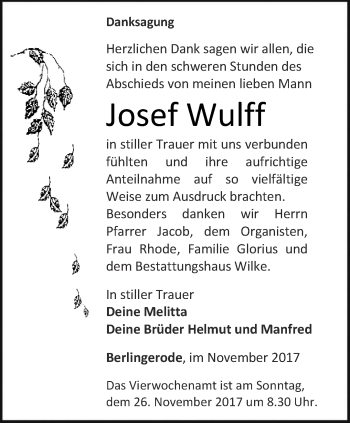 Traueranzeige von Josef Wulff von Thüringer Allgemeine